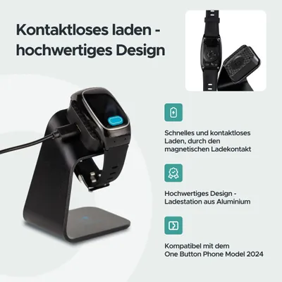 A smartwatch is shown on a charging stand, with accompanying text and icons highlighting its features.