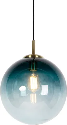 Produktbild von QAZQA - Art Deco Art Deco Hängelampe I Pendellampe I Pendelleuchte Messing mit ozeanblauem Glas 33 cm - Pallon I Wohnzimmer I Schlafzimmer - Kugel I Kugelförmig I Länglich - LED geeignet E27