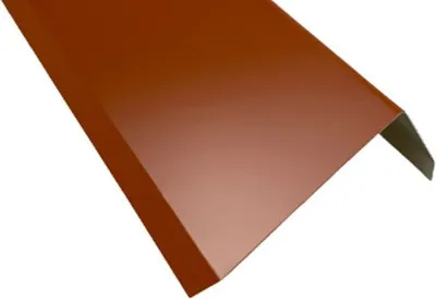 A close-up, angled view of a brown metal roofing edge profile against a white background.