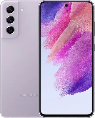 A Samsung Galaxy S21 FE 5G smartphone in lavender, shown from the back and front.
