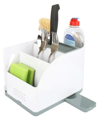 Image de Organisateur de cuisine, 5 en 1, en plastique, blanc et gris, pour les ustensiles de cuisine