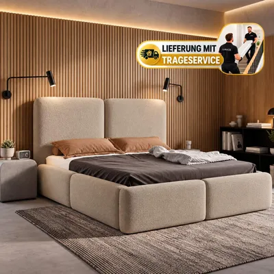 Produktbild von Polsterbett 140x200 mit Bettkasten LIVIA, Stauraum und Metall-Lattenrost – Bouclé Stoff Beige