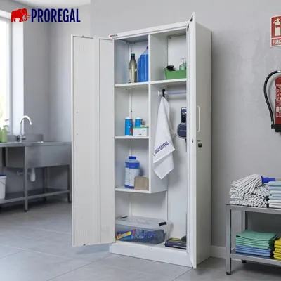 Produktbild von Flügeltürenschrank RHINO mit 2 Türen, abschließbar | HxBxT 170x70x30cm | 5 Fächern & Kleiderstange | Stahl mit Pulverbeschichtung | Weiß | Putzmittelschrank Besenschrank Mehrzweckschrank Haushaltsschrank