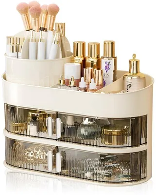 Produktbild von Unyqoos® 360° drehbarer Kosmetik- & Make-up-Organizer, transparent, multifunktional mit zweistufiger Schublade – Aufbewahrung für Lippenstifte, Pinsel & Schmuck