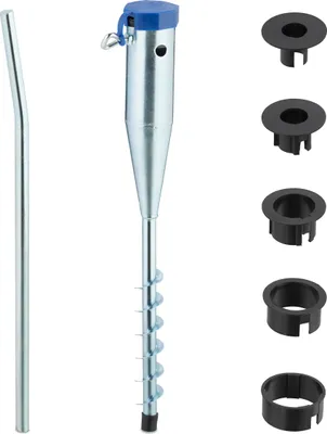 Produktbild von Relaxdays Bodenhülse, Sonnenschirm & Wäschespinne, 25-55 mm Stangendicke, zum Eindrehen, Stahl Rasendorn, silber/blau