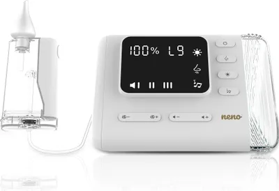 A white electronic nasal aspirator with a clear collection chamber and a digital display is shown on a white background.