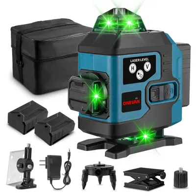 A product shot of a laser level and its accessories on a white background.