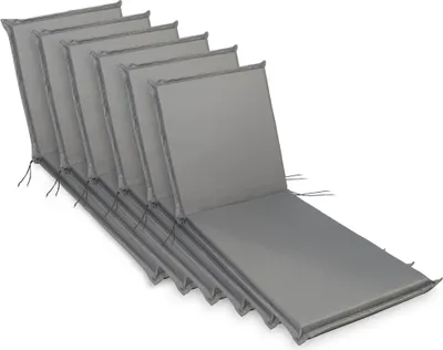 A stack of six grey chaise lounge cushions laid out on a white background.