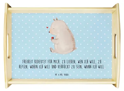Produktbild von Mr. & Mrs. Panda sofatablett Bär Marienkäfer - Blau Pastell - Geschenk, tablett aus holz, Motivation, Serviertablett, Freiheit, Teddy, tragetablett, Holztablett, Liebe