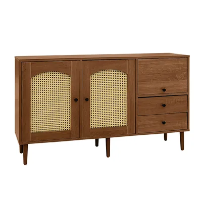 Produktbild von Merax Kommode Rattangeflecht Sideboard mit 3 Türen und 2 Schubladen, Antik Landhaus Stil Kommode aus Holz und Rattan, B/H/T:130/76/41 cm