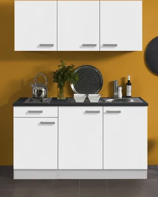 Produktbild von Singleküche Oslo 150 cm breit in weiß matt mit Kochmulde und Einbauspüle in Edelstahl