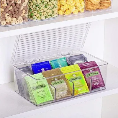 Productafbeelding van Unyqoos® Theebeutelbox met deksel – transparante kunststof box (BPA-vrij), 8 compartimenten, 28×16×9,5 cm, geschikt voor het opbergen van theezakjes, suiker en koffiepads