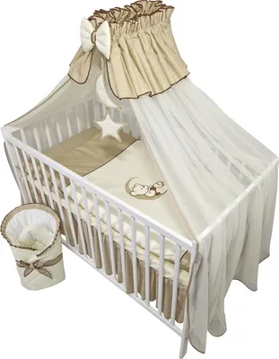 Produktbild von 13 Teiliges Babybett Kinderbett und Bettwäsche komplett Set Happy Leo inkl. Matratze höhenverstellbar für Neugeborene Babys und Kleinkinder bestickt (Teddybär Mond Dunkelbeige)