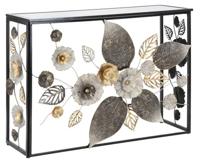 Immagine prodotto di Console Glam Dark 111,8x41,9x80 cm - Mobile d'ingresso in metallo nero e piano a specchio con decorazioni floreali - Stile Glamour e Moderno