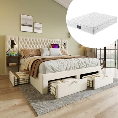 Productafbeelding van Boxspringbed 160x200 cm met matras, 2 nachtkastjes, 4 lades, 2 leeslampen, USB- en Type-C-oplaadstation, fluweel, beige