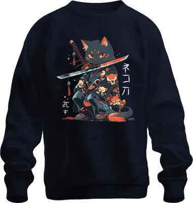 Immagine prodotto di Samurai Katze Katana Kimono Kawaii Neko Japanisch Retro Manga Unisex Felpa Pullover, Navy, S