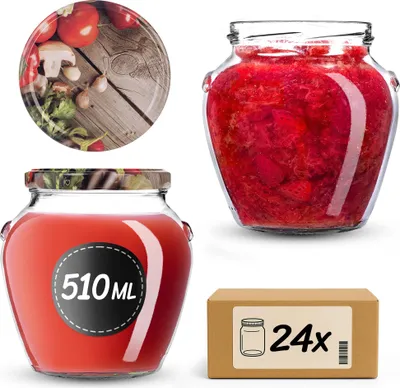 Produktbild von KADAX Einmachgläser 510 ml mit Schraubdeckel fi82mm, Schraubgläser mit Deckel, Einkochgläser, Sturzgläser zum Einkochen von Honig, Obst und Gemüse, Einmachglas (Knoblauchpilz, 24 Stück)