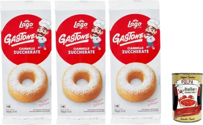 Produktbild von Lago 1968, Le Merende di Ciambelle zuccherate 3x 180g, Donuts mit Zucker, Einzeln verpackte, weiche Snacks, ohne Palmöl + Italian Gourmet polpa 400g