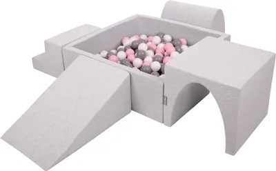 Obrázok produktu pre KiddyMoon Mäkké penové ihrisko pre deti s Štvorec loptičkovým ihriskom (200 ∅ 7 cm) s mäkkými prekážkami a loptičkovým bazénom,  vyrobené v EÚ, Svetlo šedá:Biela/Grey/Púdrovo ružová, Verz