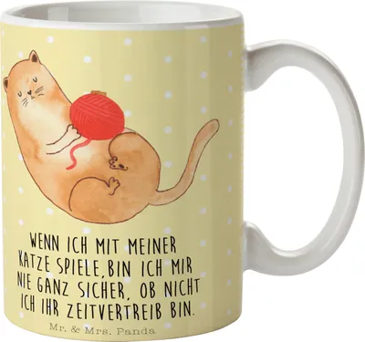 Produktbild von Mr. & Mrs. Panda Becher Katze Wolle - Gelb Pastell - Geschenk, Cats, Teetasse, Teebecher, Kaffeetasse, Tasse, Trinkbecher, Pott, Wollknäuel, Haha, Spielen, Spiel, Katzen
