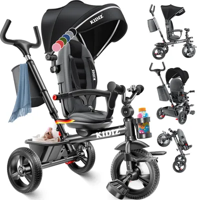 Produktbild von KIDIZ® Dreirad 5in1 Kinderdreirad mit Schubstange Lenksystem Stange ab 1 Jahr vorwärts und Rückwärtsfahrt Jogger ,  Korb Tasche Getränkehalter Sonnendach Gummiräder, Buggy Fahrrad Baby Klappbar