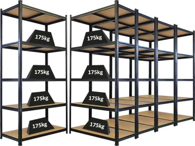 Produktbild von Mega Deal | 5x Schwerlastregal Giant Ragnar | HxBxT 200x100x50cm | 5 MDF-Platten-Ebenen | Fachlast 175kg | Schwarz
