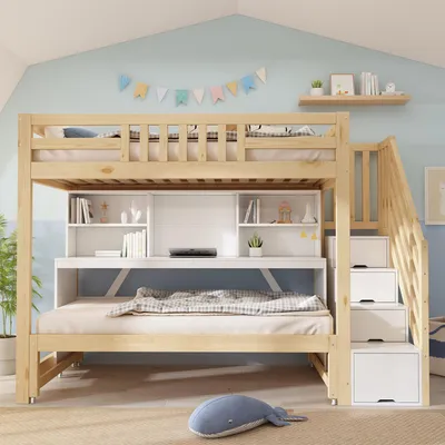 Productafbeelding van Flieks stapelbed 90x200cm / 90x190cm, hoogslaper met uitschuifbaar bed en verstelbaar bureau, kinderbed/tienerbed met trap, in natuurlijke staat