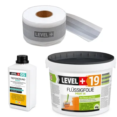 Obrázok produktu pre Hydroizolačná súprava Tekutá fólia 4kg Páska 5mb Základný náter 1L Balkón Kúpeľňa LEVEL+ SET510