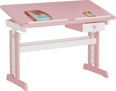 Produktbild von Kinderschreibtisch FLEXI mit Kippfunktion und Höhenverstellung, praktischer Schreibtisch aus massiver Kiefer in weiß/rosa