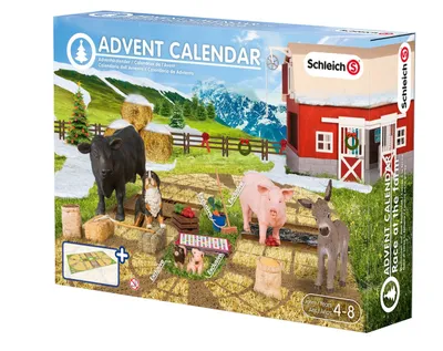 A box of a Schleich Advent Calendar with a farm theme, showing various farm animals and a barn.