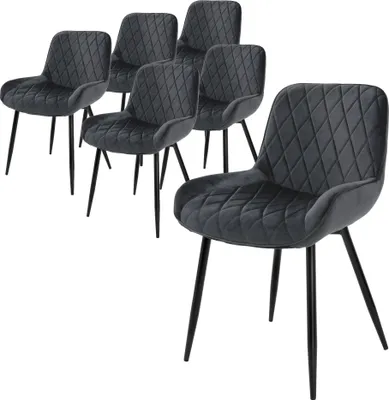 A set of six dining chairs with quilted seats and black metal legs, arranged on a white background.