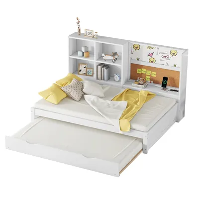 A white multifunctional sofa bed with a pull-out trundle bed and a built-in bookshelf and corkboard headboard.