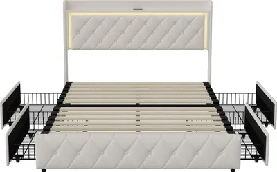 Image de Lit double 160x200 cm, rangement, tête de lit étagères, LED, USB Type-C, Velours, Beige