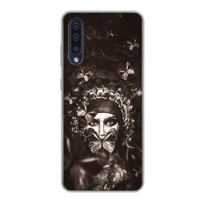 Produktbild von MuchoWow® Handyhülle Schutzhülle Hülle für Samsung Galaxy A30s Frau - Schmetterling - Schwarz - Weiß Silikon Softcase Handy Hülle - Karteninhaber
