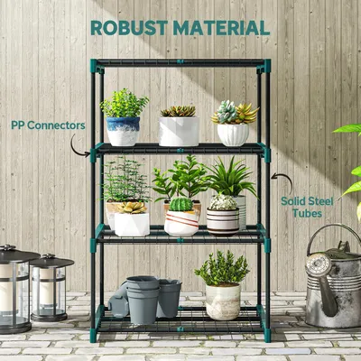 Obrázek produktu pro Stojan na květiny – ocelový regál na květiny – 67 × 49 × 138 cm – pro květináče – tmavě zelený