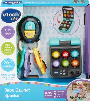 Productafbeelding van VTech Baby Gadget Speelset, geschikt voor baby's vanaf 0,5 jaar, met geluiden en spraakfunctie. Vereist batterijen (AAA). Gemaakt van kunststof