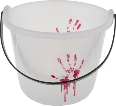 A clear, well-lit studio shot of a translucent bucket with pink handprints and drips on the inside.