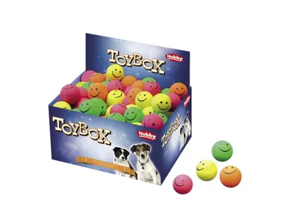 Immagine prodotto di Palline smiley in gommapiuma assortite 4,7 cm; espositore 72 pezzi.