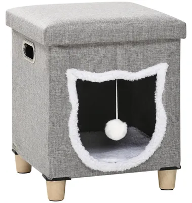 Productafbeelding van PawHut kattenhol, kattenhuis met kussen, ottoman met speeltje, polyester, grijs