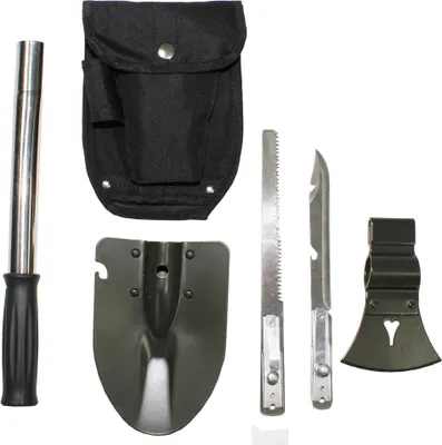 A collection of multi-tool camping equipment laid out on a white background.