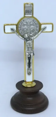 Kreuz des Hl. Benedikt, Emaille, Weißgold, handbemalt, 9,5 cm