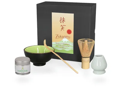 Produktbild von Matcha Set / Matchaset / Matcha Schale 250ml sommergrün mit Besen/Löffel/Halter/Tee in Geschenkbox