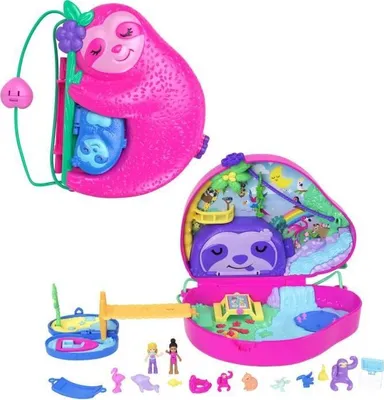 Image de Polly Pocket La Famille des Paresseux Coffret 2 en 1, Sac Surprise, 2 Figurines, 12 Accessoires, HRD40