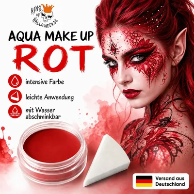 Image de Maquillage liquide rouge de qualité supérieure, 14 g, avec éponge à maquillage assortie – pigment pour le visage activé par l'eau, offrant une couvrance élevée, idéal pour le maquillage d'Halloween, de carnaval, de déguisements, de cosplay, de théâtre, de spectacles, pour un look gothique, pour des motifs de crâne, de squelette, de zombie, de sorcière, de vampire, de diable, et pour le maquillage d'horreur