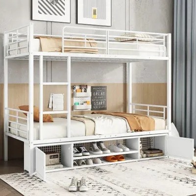 Produktbild von Bettgestell aus Eisen, Stapelbett, Schuhkasten mit offenen Türen, kleiner Schrank mit doppelten Türen, für Kinder und Jugendliche geeignet, mit Seitentreppe, mit Sicherheitsgurt, Eisen, weiß, 90x200cm