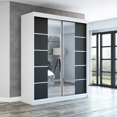Produktbild von Schwebetürenschrank, 2-türig Schrank ERA 180 cm (mit Spiegel) Weiß /schwarz / schwarz