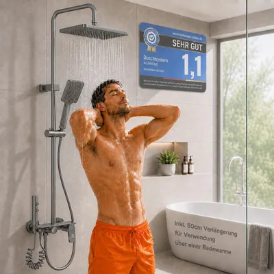 Produktbild von AQUANOBLE Duschsystem aus Messing mit Thermostat, 4 Funktionen & großer Regendusche, Pistolen-Grau