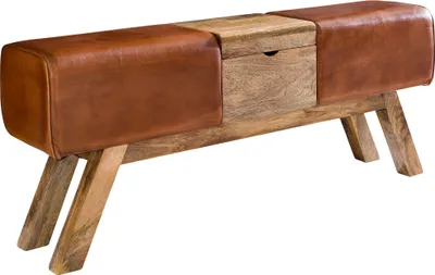 Produktbild von Design Turnbock Sitzbank Braun Aufbewahrungsfach 120 x 29 x 53 cm | Turnhocker Bank aus Echtleder Klappfach | Hocker Garderobenbank Sitzhocker Springbock Turnbank