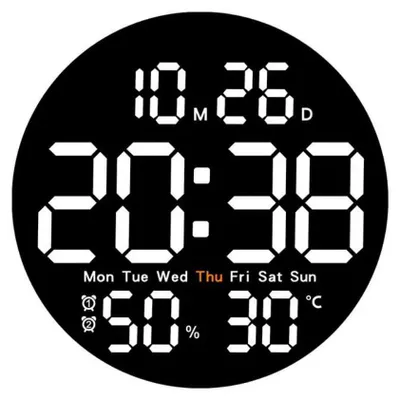 A digital clock face displaying the time, date, day of the week, and temperature.