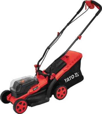 A red and black Yato lawnmower is shown against a white background.